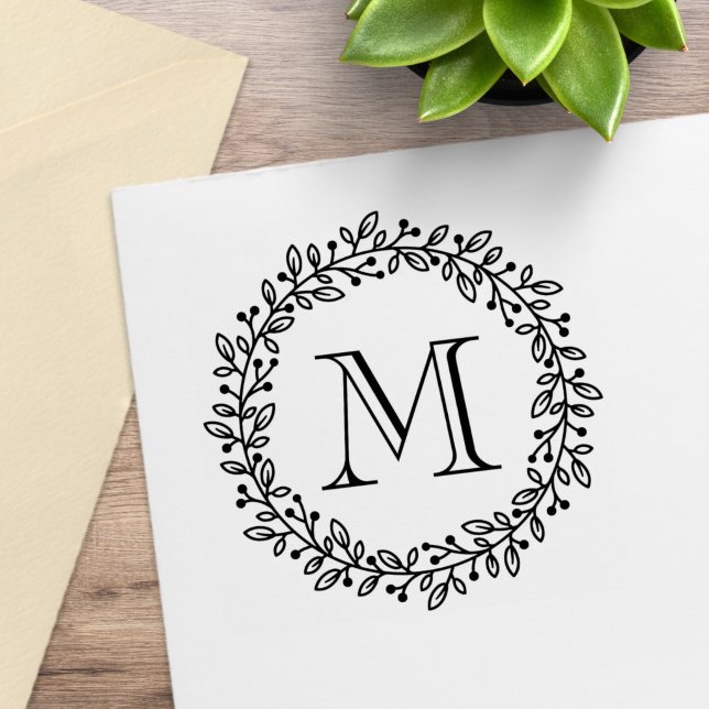 Runder botanischer Beerenkranz-Monogramm-Initial Gummistempel (Von Creator hochgeladen)