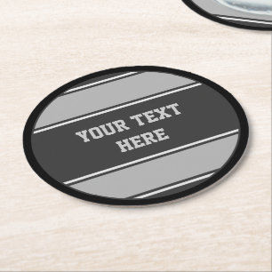 RUNDER BUTTON Streifen grau + Ihr Text Pappuntersetzer