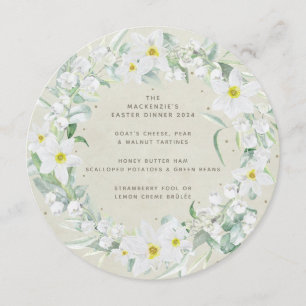 Runder/eckiger weißer Frühlingsblumen-Osterkranz Menükarte