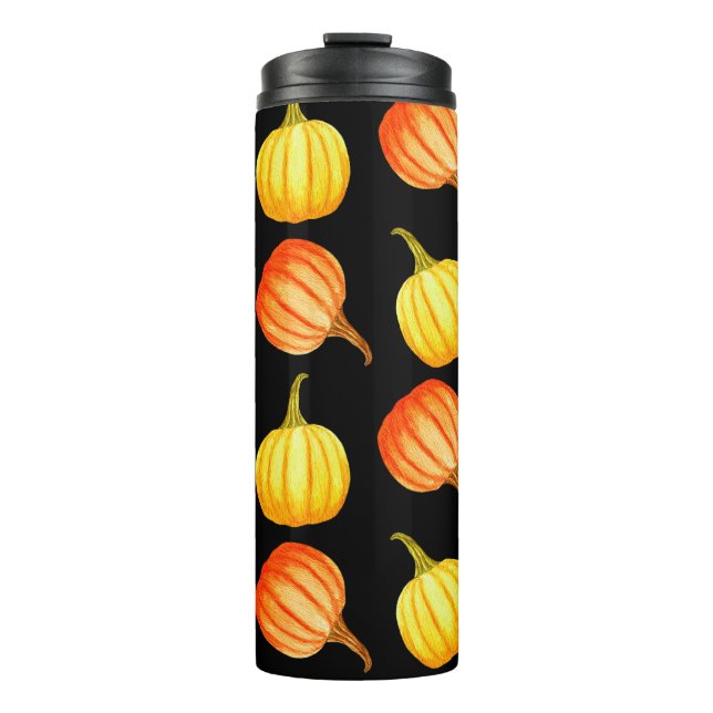 Runder orangefarbener und gelber Kürbis. Wasserkoh Thermosbecher (Vorderseite)