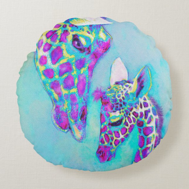 Rundes Kissen des Aqua und der lila Giraffe (Vorderseite)