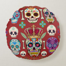Rundes rotes Kissen - Gothic - Totenkopf und Knoch