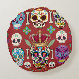 Rundes rotes Kissen - Gothic - Totenkopf und Knoch