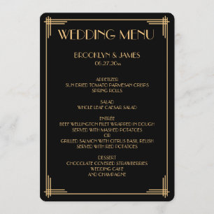 Rundes schwarzes Great Gatsby Art Deco Hochzeitsme Menükarte