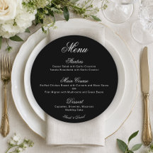 Rundes schwarzes Hochzeitsmenü mit weißer Kalligra