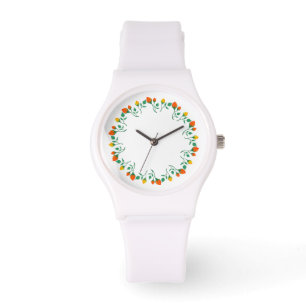 Rundrahmen mit Blumenrahmen, gelb und rote Rose, B Armbanduhr