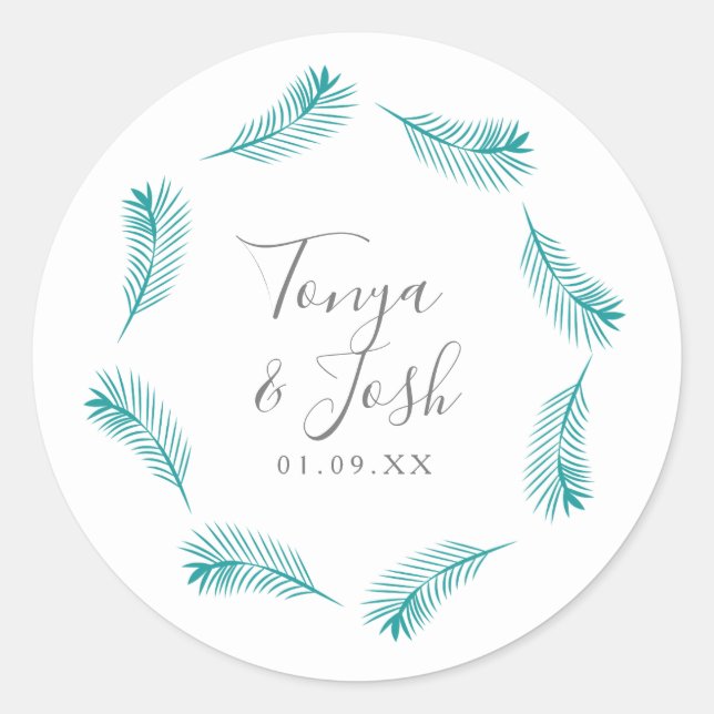 Rundschreiben-Hochzeit für tropische Palm-Blätter Runder Aufkleber (Vorderseite)