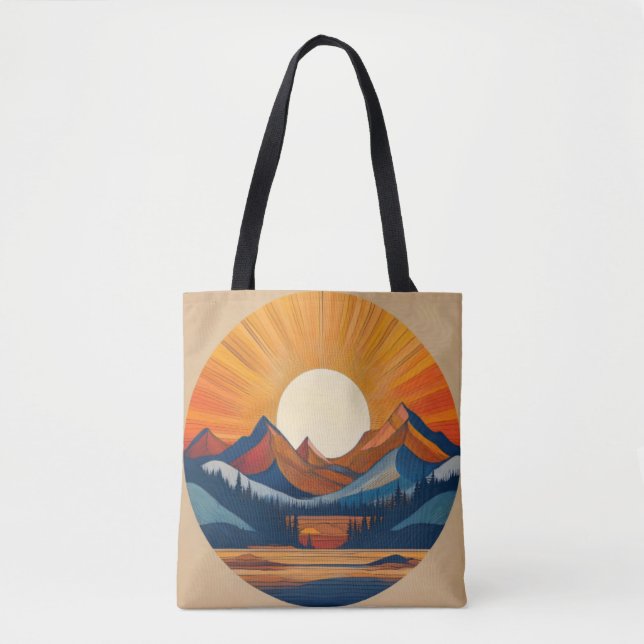 Rundstrahlsonne und Berglandschaft Tasche (Vorderseite)