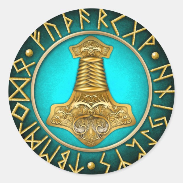 Runen - Thors Hammer - Aquamarin Runder Aufkleber (Vorderseite)