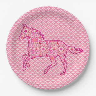 Running Horse Silhouette, Fuchsia und Coral Pink Pappteller