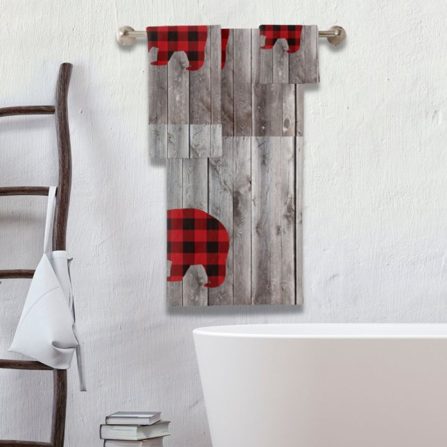 ruodland barn wood red buffalo plaid bear (rustic woodland barn wood red buffalo plaid bear bath towel set)