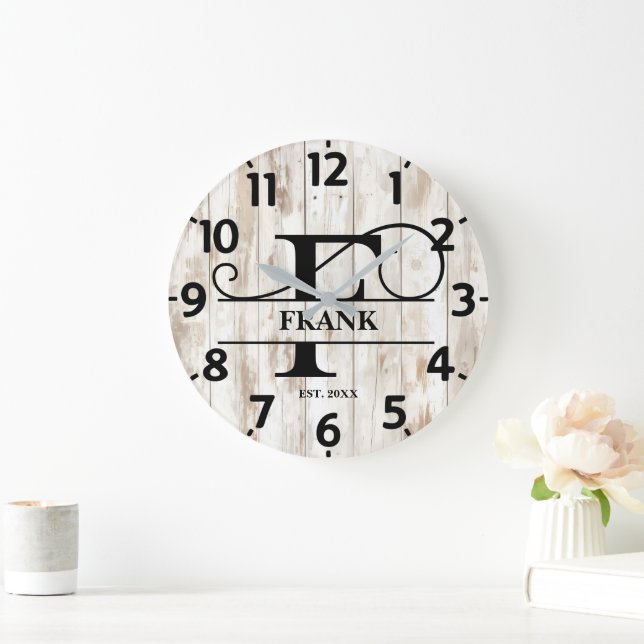 Rusitc Holz Hintergrund F Monogramm Große Wanduhr (Zuhause)