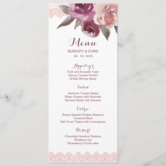 Russe aquarelle dentelle fleurie menu mariage de a (Devant)
