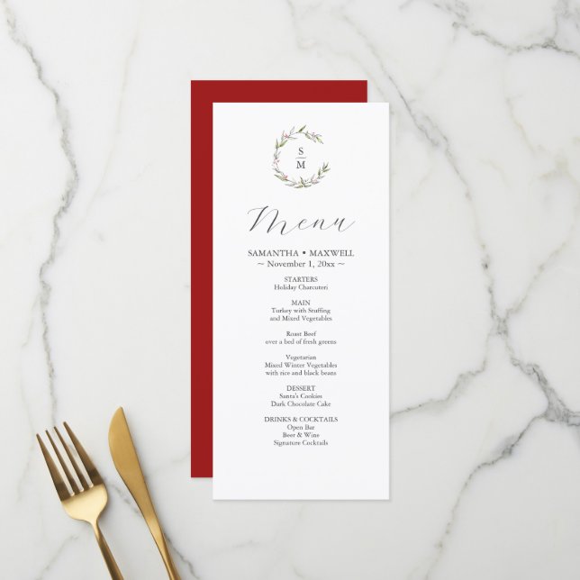 Russe Botaniques d'hiver Mariage Décor Menus (Devant/Arrière en situation)