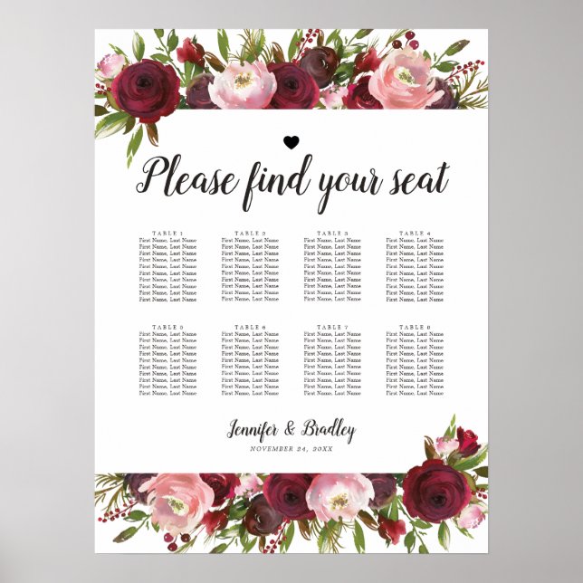 Russe Bourgogne Floral Mariage 8 Tableau Graphique (Devant)