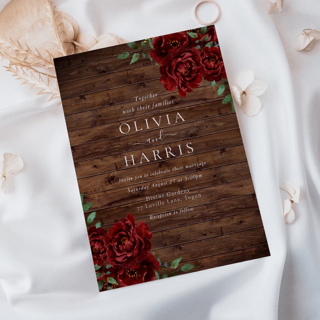 Russe Bourgogne Rouge Roses Faire-part de mariage (Créateur téléchargé)