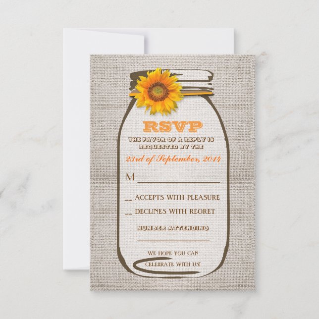 Russe Burlap Mason Jar Mariage Tournesol RSVP (Devant)