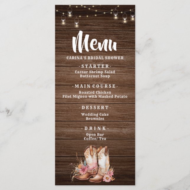 Russe Campagne Boots Cowgirl Floral Birthday Menu (Devant)