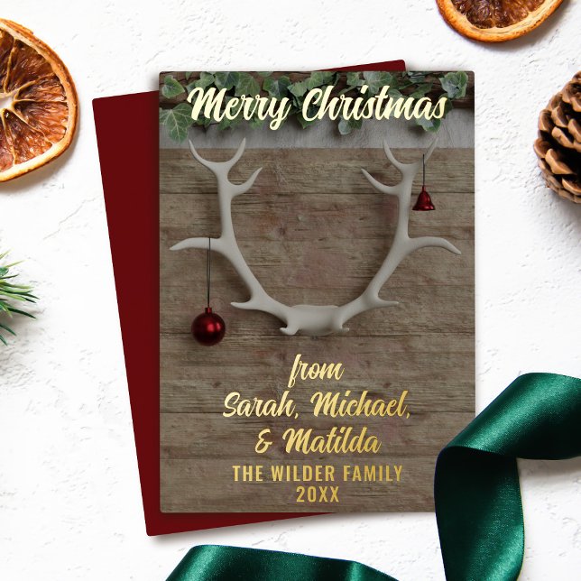 Russe Deer Antlers Non Photo Foil Carte de vacance (A rustic non photo holiday card with space for your greeting and family name. Real Foil!)