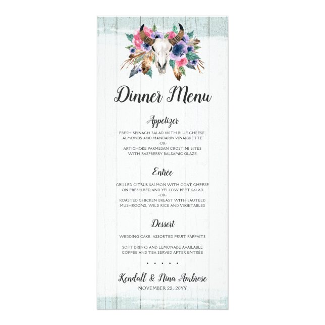 Russe Floral Vache Crâne Boho Mariage Dîner Menu (Devant)