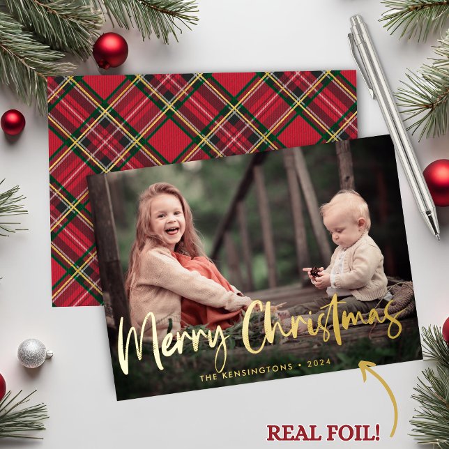 Russe Joyeux Noël Tartan Plaid Photo de vacances (Rustic Gold Foil Merry Christmas Tartan Plaid Holiday Photo Cards)