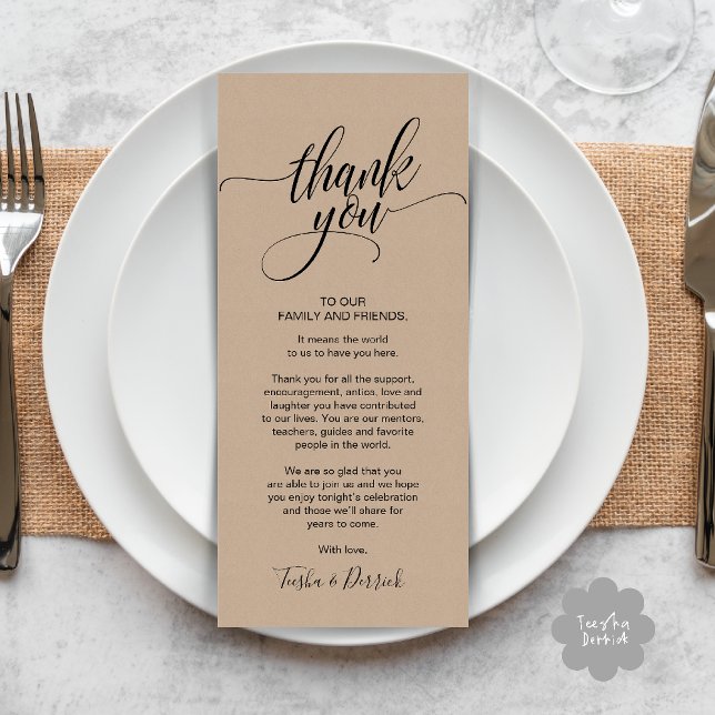 Russe Mariage Dîner Merci Place Carte de réglage (Rustic Wedding Dinner Thank you Place Setting Card in cottage brown kraft theme)