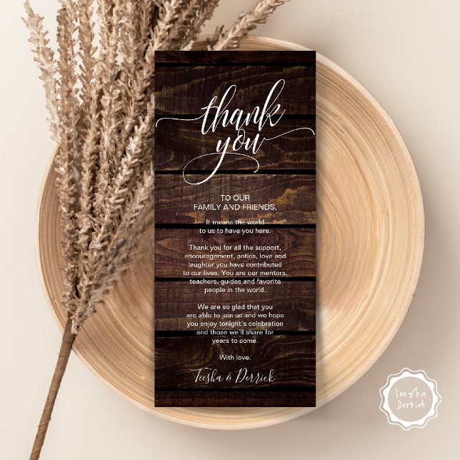 Russe Mariage Dîner Merci Place Carte de réglage (Rustic Wedding Dinner Thank you Place Setting Card in cottage dark brown wood theme)