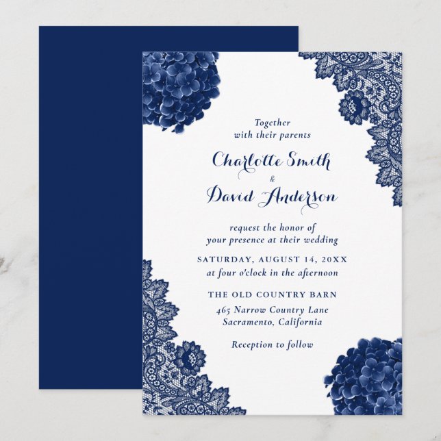 Russe Navy Blue Floral Lace Faire-part de mariage (Devant / Derrière)