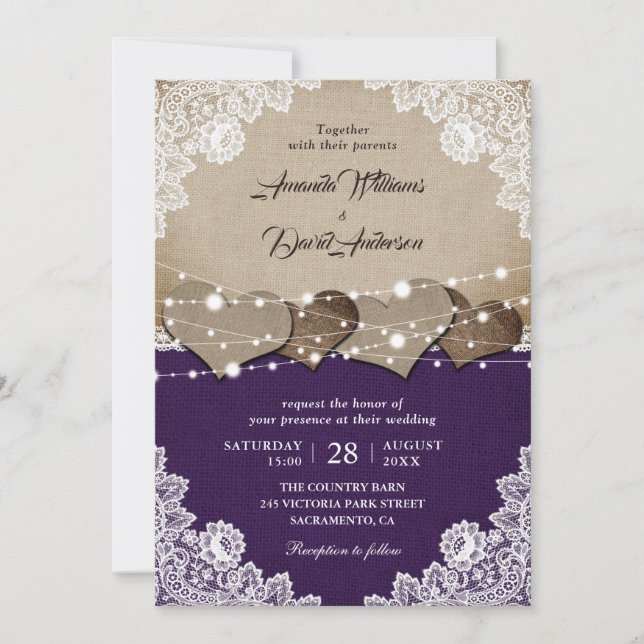 Russe Purple Burlap Faire-part de mariage dentelle (Devant)