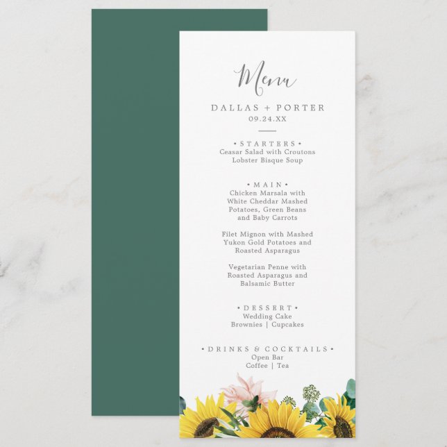 Russe Tournesol Eucalyptus Menu Mariage Dîner (Devant / Derrière)