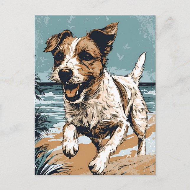Russel-Terrier am Strand Postkarte (Vorderseite)