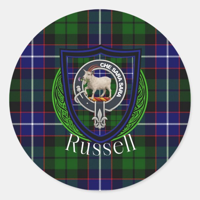 Russell Scottish Clan Tartan & Crest Runder Aufkleber (Vorderseite)