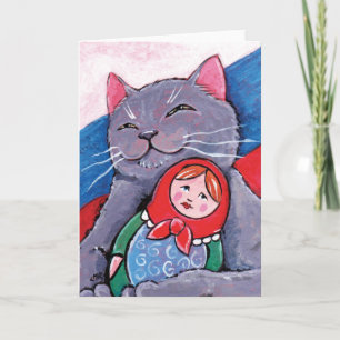 Russian Blue and Babushka Doll   Patriotic Cat Art Karte