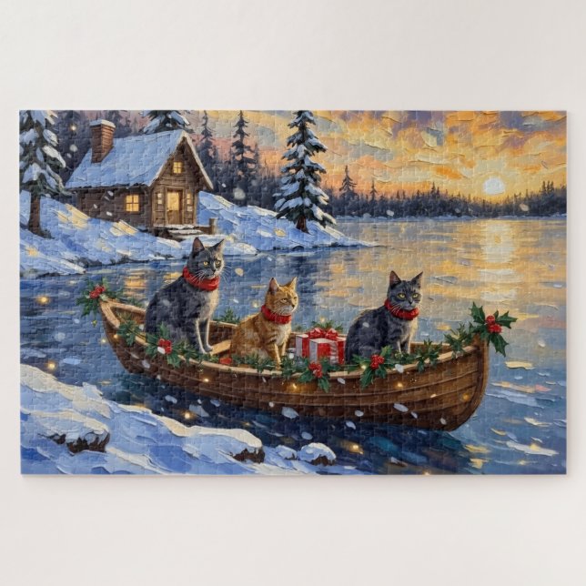 Russian Blue Cat Christmas Boat Holiday (Horizontal)