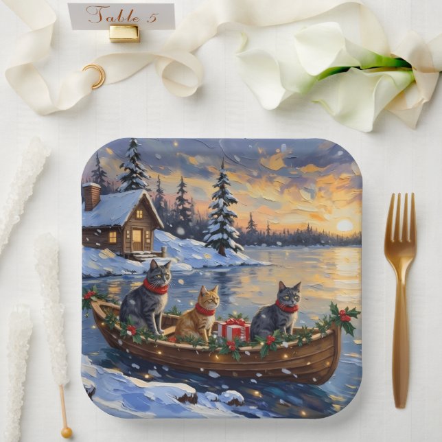 Russian Blue Cat Christmas Boat Holiday Pappteller (Hochzeit)