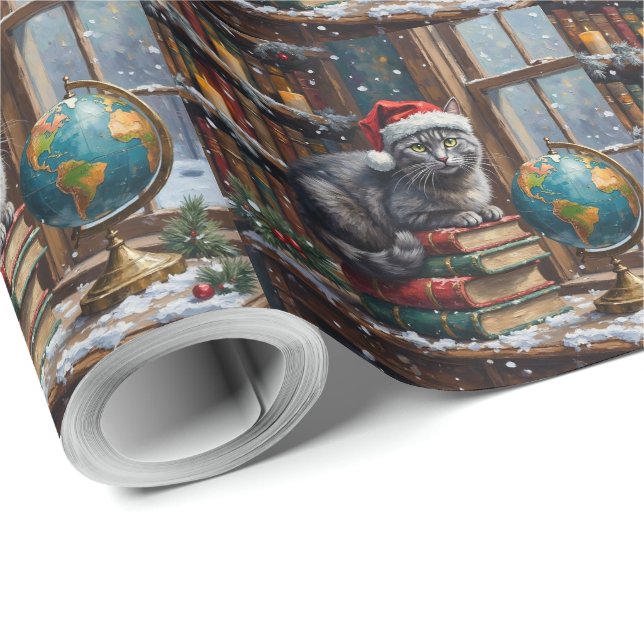Russian Blue Cat Christmas Library Reading Nook Geschenkpapier (Rolleneckpunkt)
