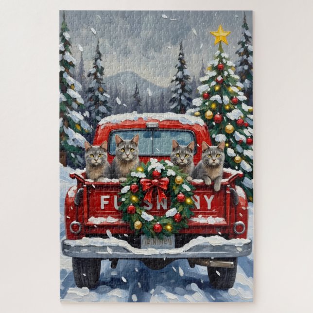 Russian Blue Cat Christmas Red Truck Holiday (Vertikal)