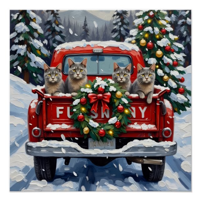 Russian Blue Cat Christmas Red Truck Holiday Poster (Vorderseite)
