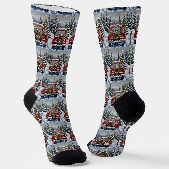Russian Blue Cat Christmas Red Truck Holiday Socken (Gewinkelt)