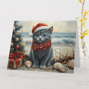 Russian Blue Cat Christmas Vintag Beach Karte
