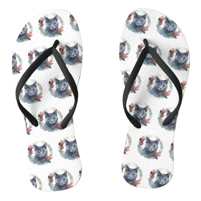 Russian Blue Cat Christmas Wreath Festive Kitten Flip Flops (Fußbett)