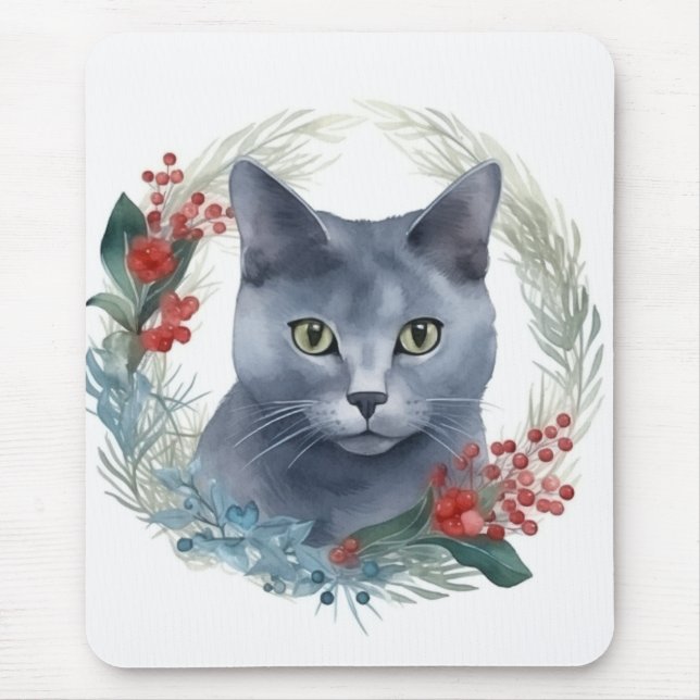 Russian Blue Cat Christmas Wreath Festive Kitten Mousepad (Vorne)