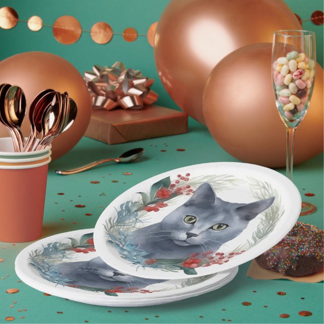 Russian Blue Cat Christmas Wreath Festive Kitten Pappteller (Multi)