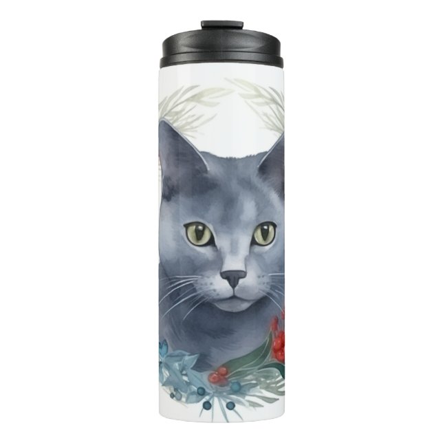 Russian Blue Cat Christmas Wreath Festive Kitten Thermosbecher (Vorderseite)