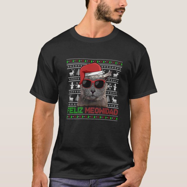 Russian Blue Cat Feliz Meowidad Funny Christmas T-Shirt (Vorderseite)