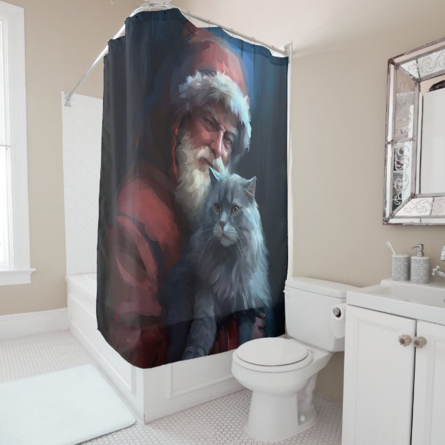 Russian Blue Cat Santa Claus Festliche Weihnachten Duschvorhang (Beispiel)