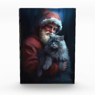 Russian Blue Cat Santa Claus Festliche Weihnachten Fotoblock