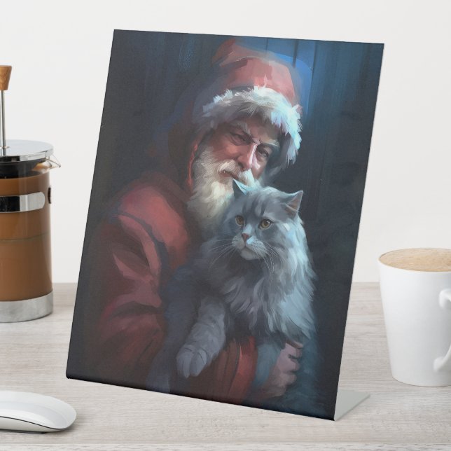Russian Blue Cat Santa Claus Festliche Weihnachten Sockelschild (In Situ)
