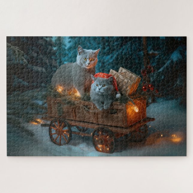 Russian Blue Cat Snowy Sleigh Weihnachtsdekor (Horizontal)