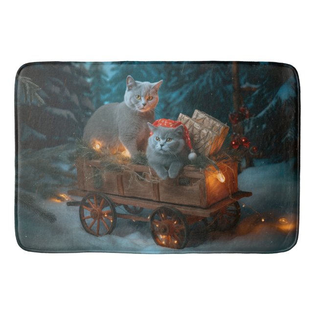 Russian Blue Cat Snowy Sleigh Weihnachtsdekor Badematte (Vorderseite)